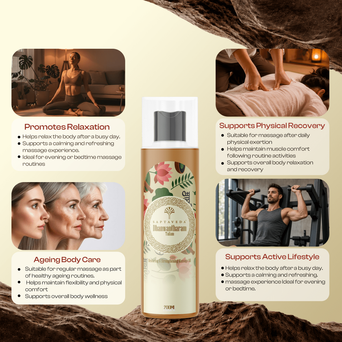 Saptaveda Dhanwantharam Tailam | Authentic Body Massage Oil | Muscle Strengthening & Joint Flexibility | Classical Ayurvedic Formula for Daily Use | 200 ml - Saptaveda Herbals