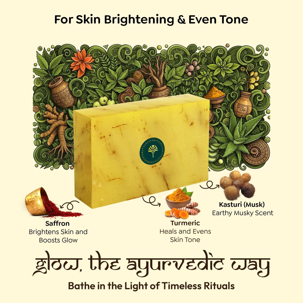 SAPTAVEDA | Herbal Bathing Bar | The Bath Expert | Luxury Soap | Infused with Baby Vetiver Roots | Anti - Ageing | Majestic Yellow - Saptaveda Herbals