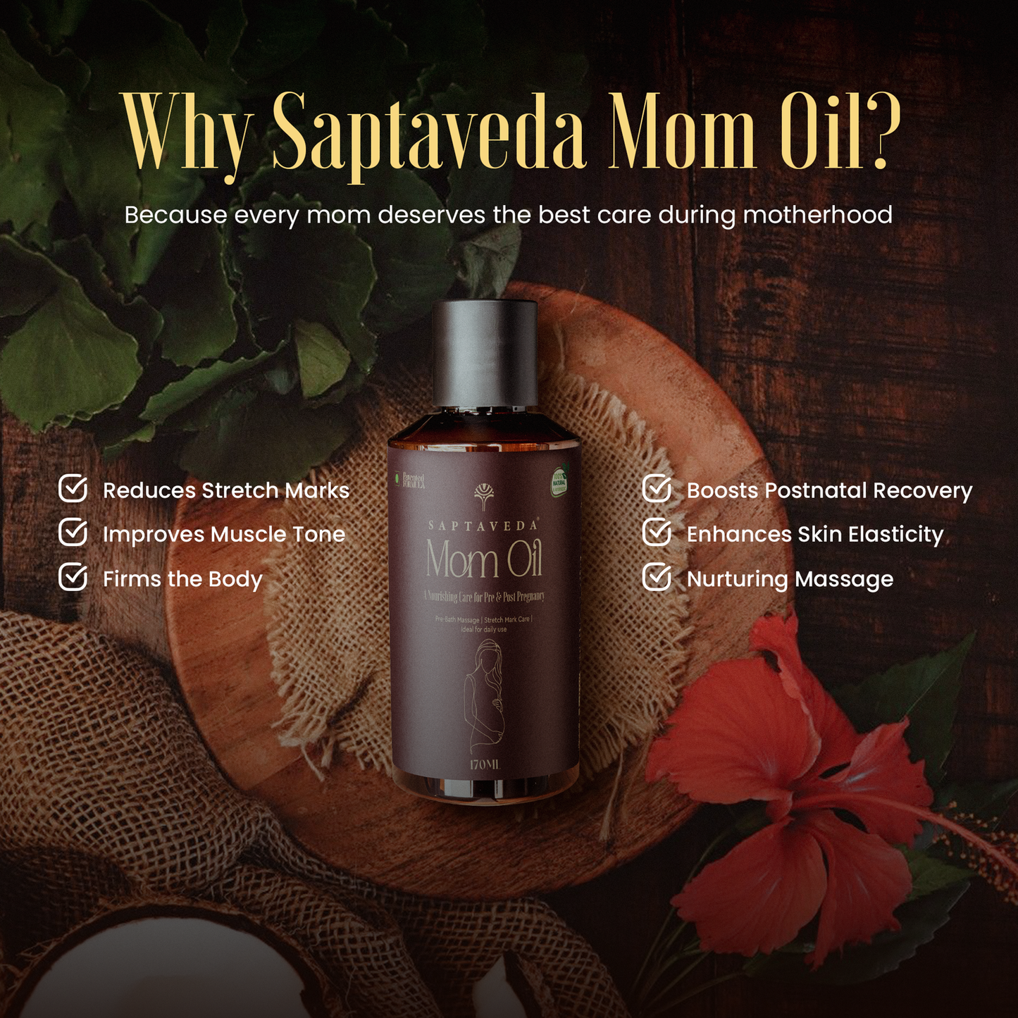 Saptaveda Mom Oil | 100% Ayurvedic & Natural | 170ml | Patented Advanced Ayurvedic Formula | For All Skin Type | Reduces Stretch Marks| Improves Muscle Tone | Pre & Post Pregnancy Care