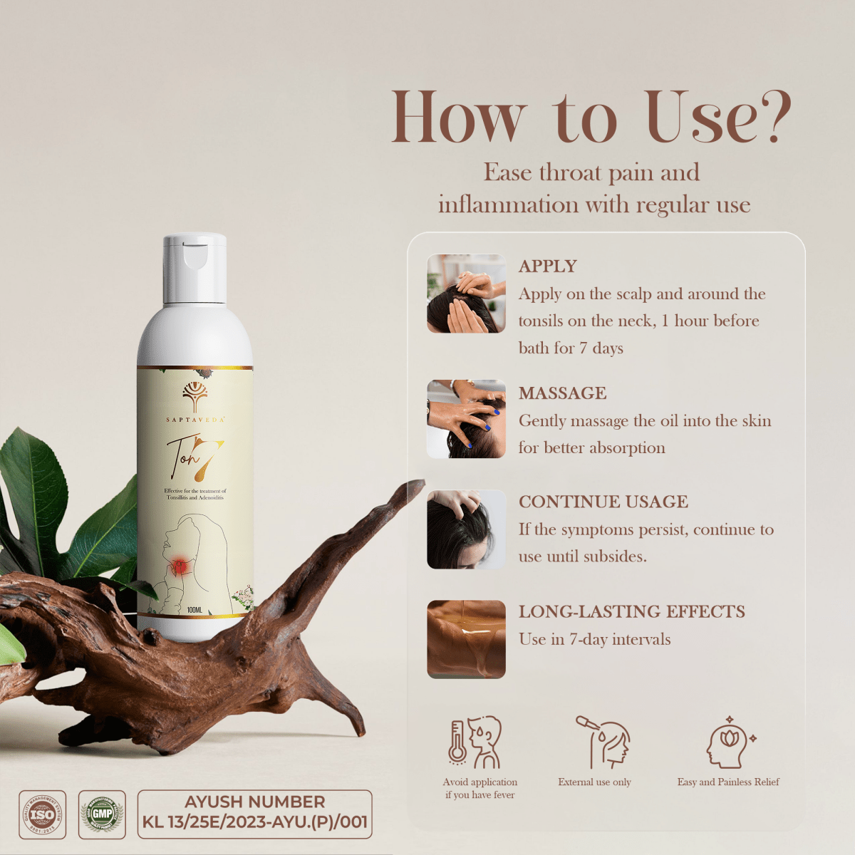 Saptaveda TON7 | Mini Pack (40ML) | 100% Natural & Ayurvedic Oil | Patented Formula for Tonsillitis & Adenoiditis | External Use | Relief in 7 Days - Saptaveda Herbals