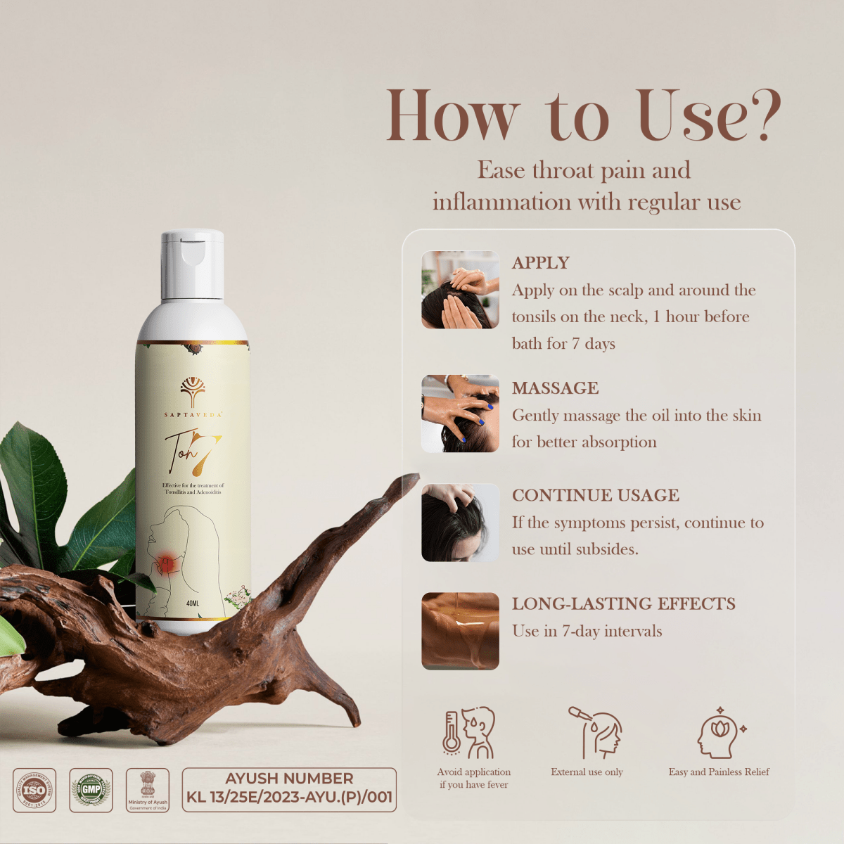 Saptaveda TON7 | Mini Pack (40ML) | 100% Natural & Ayurvedic Oil | Patented Formula for Tonsillitis & Adenoiditis | External Use | Relief in 7 Days - Saptaveda Herbals
