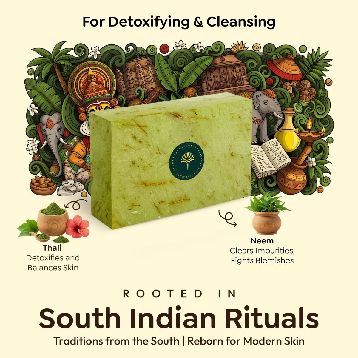 SAPTAVEDA | Herbal Bathing Bar | The Bath Expert | Luxury Soap | Infused with Baby Vetiver Roots | Anti - Ageing | Wild Green - Saptaveda Herbals