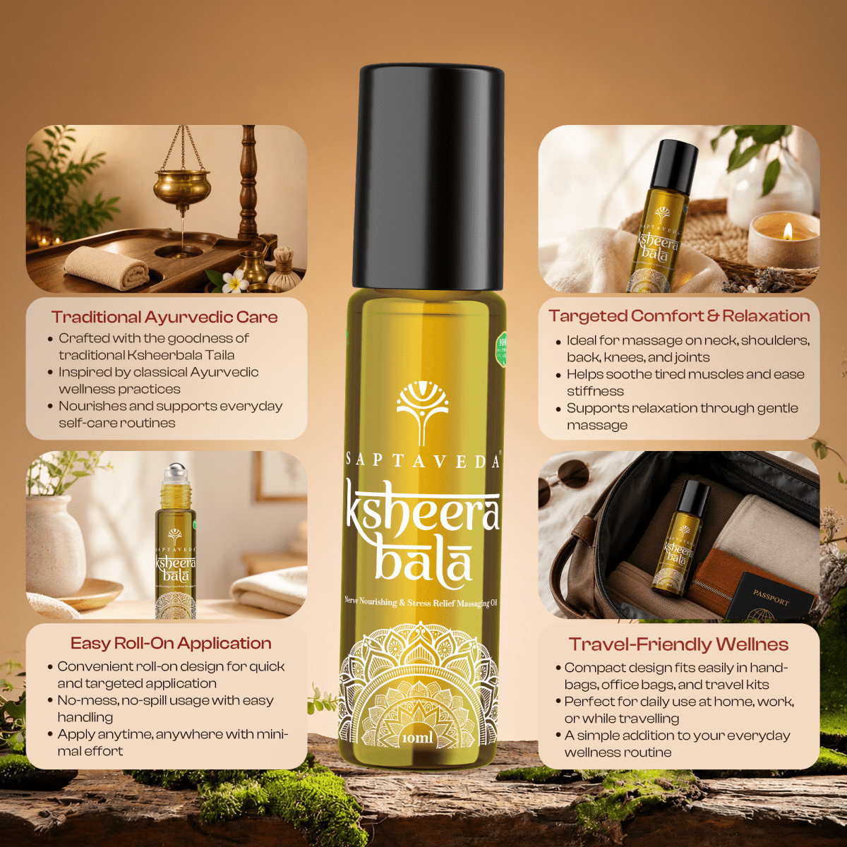 Saptaveda Ksheerabala | Pain Relief Roll On | Classical Ayurvedic Formula for Daily Use | Classical Ayurvedic Oil | 10 ML - Saptaveda Herbals