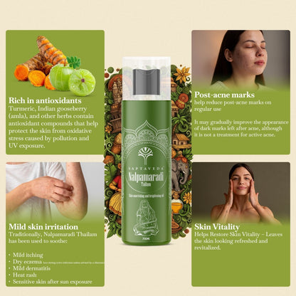 Saptaveda Nalpamaradi Tailam | Authentic Skin Brightening Oil | Tan Removal & Pigmentation Care | Classical Ayurvedic formulation for Glowing Skin | 200 ml - Saptaveda Herbals