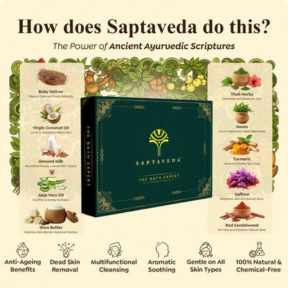 SAPTAVEDA | Herbal Bathing Bar | The Bath Expert | Luxury Soap | Infused with Baby Vetiver Roots | Anti - Ageing | Pack of 4 - Saptaveda Herbals