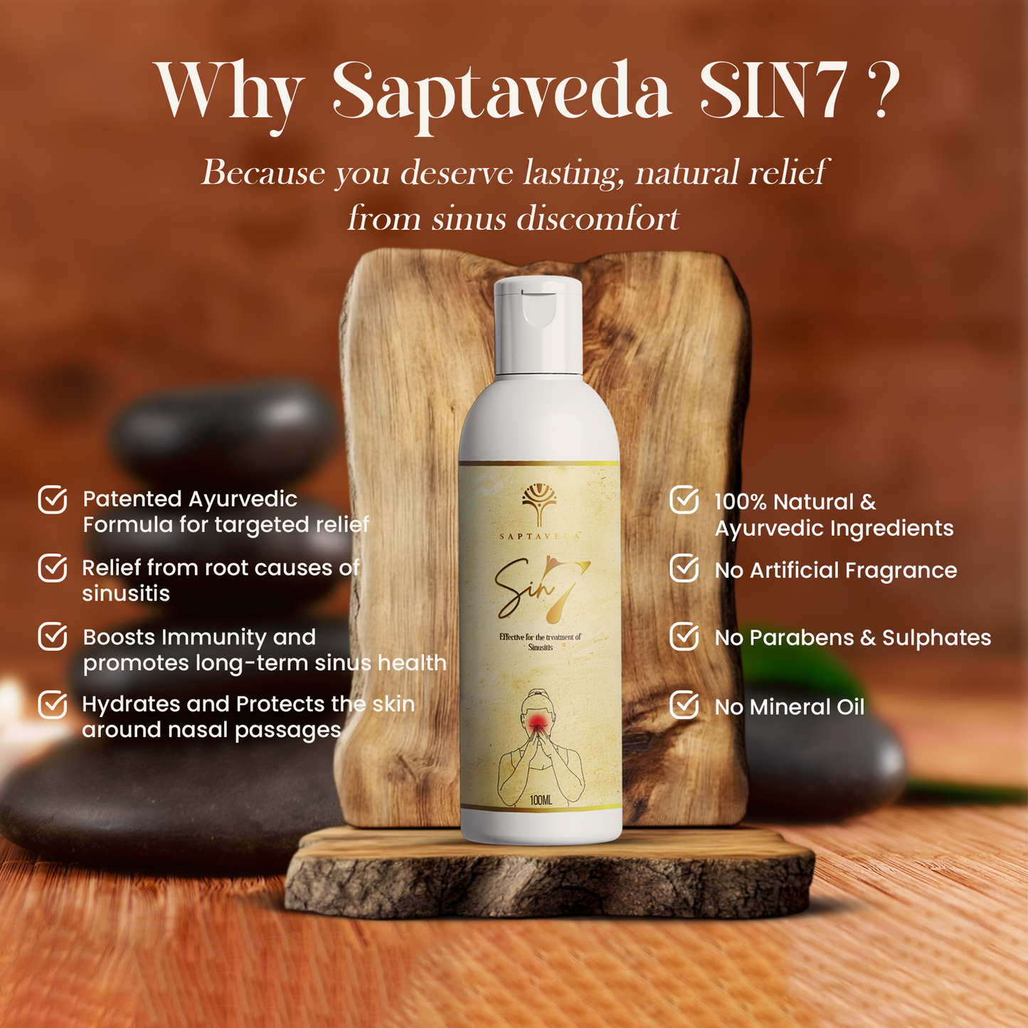 Saptaveda SIN7 | 100% Ayurvedic Proprietary Medicine | 100ml | Patented Formula | Easy to Use Oil for Sinusitis Relief | Ideal for Nasal Congestion, Facial Pressure & Headaches | Relief Within 7 Days | Apply Externally | SIN 7